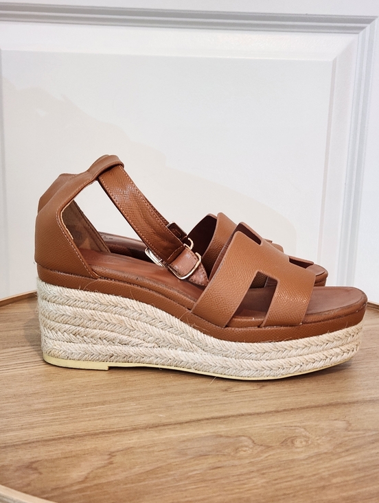 Hermes Shoes - RARE Hermes Elda Tan Leather Platform Espadrille Wedge GOLD Hardware Size 39
